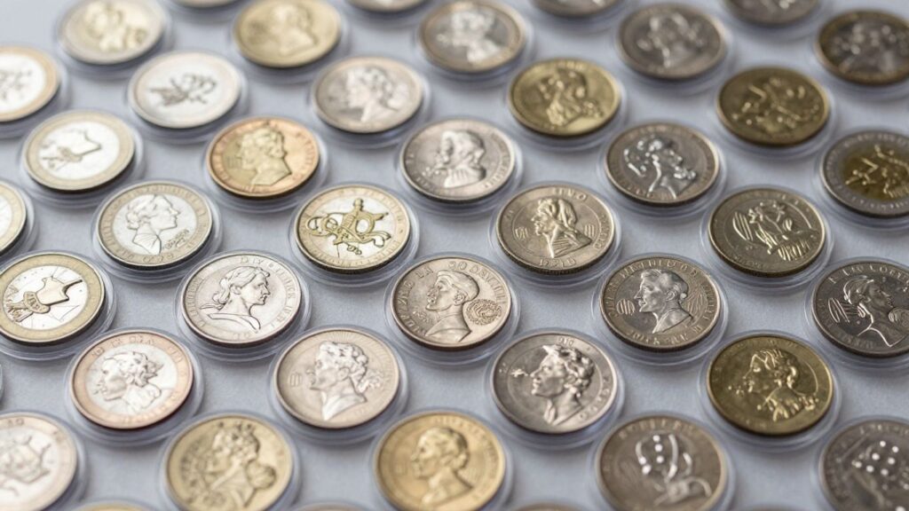 Organized coin collection with various denominations.