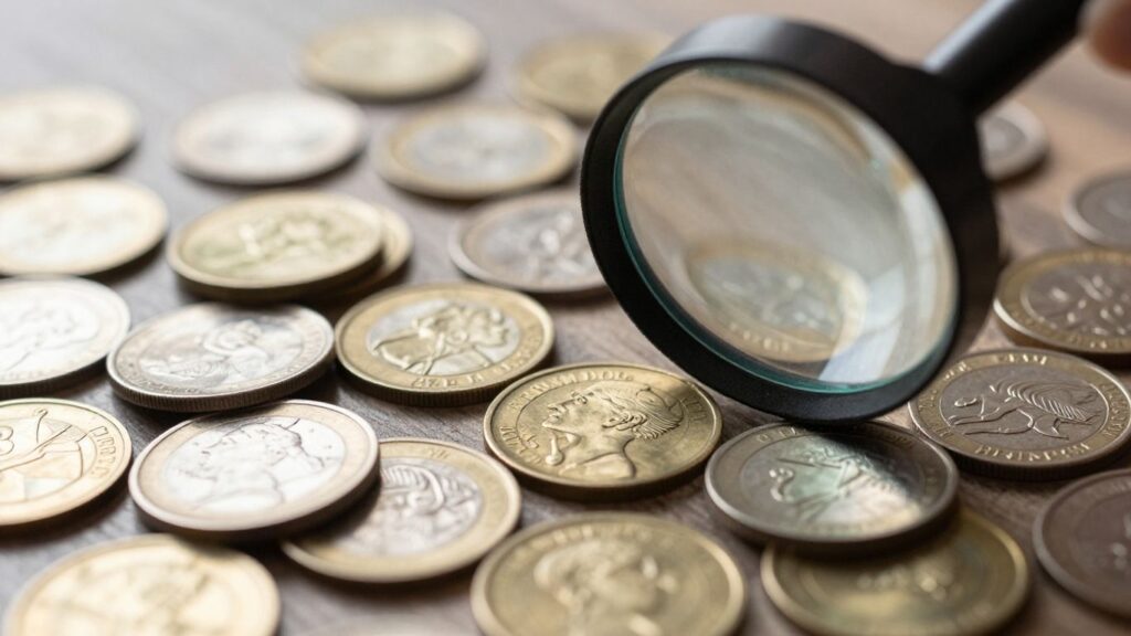 Collection of valuable coins with a magnifying glass.