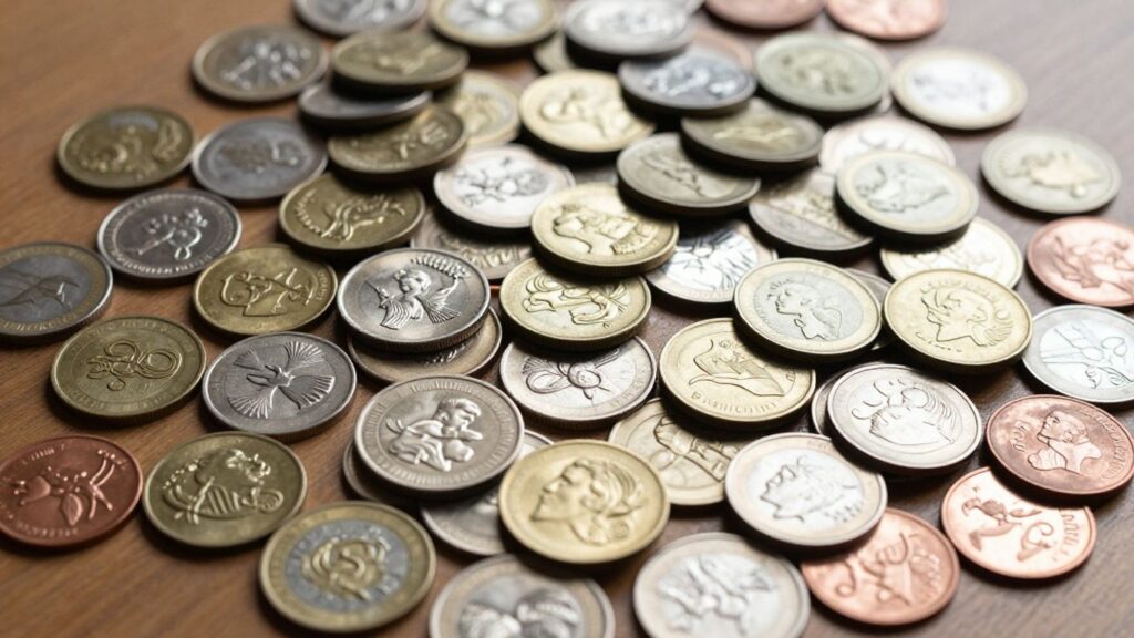 Diverse coin collection on a wooden surface.