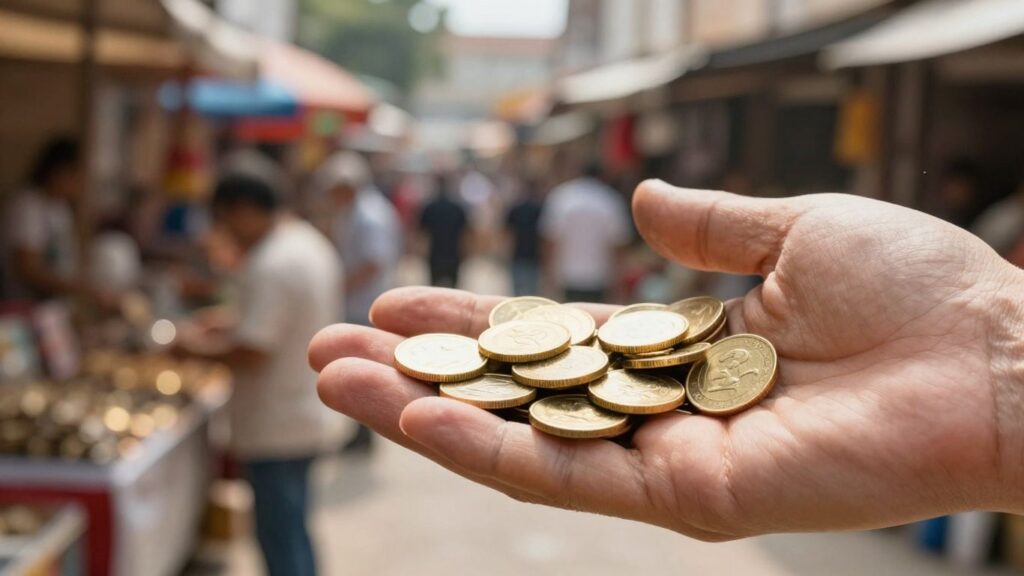Handful of gold coins in a market setting.