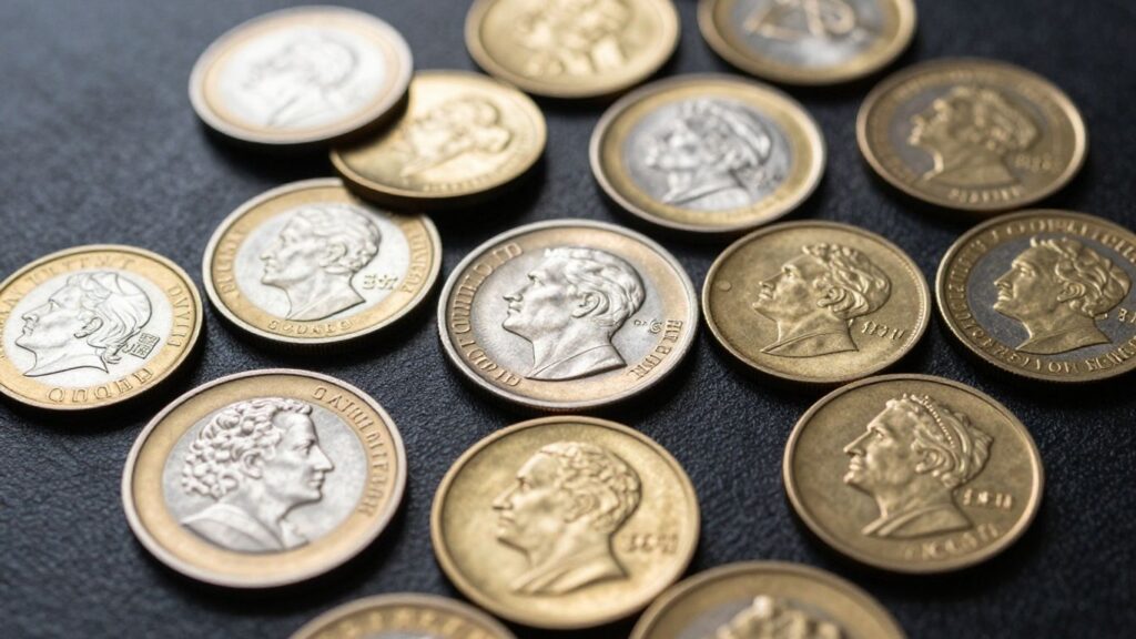 Collection of valuable estate coins with intricate details.