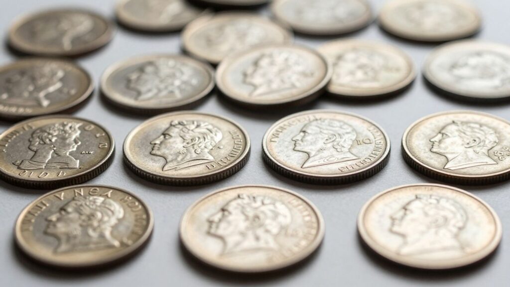 Organized coin collection with various mint marks and dates.