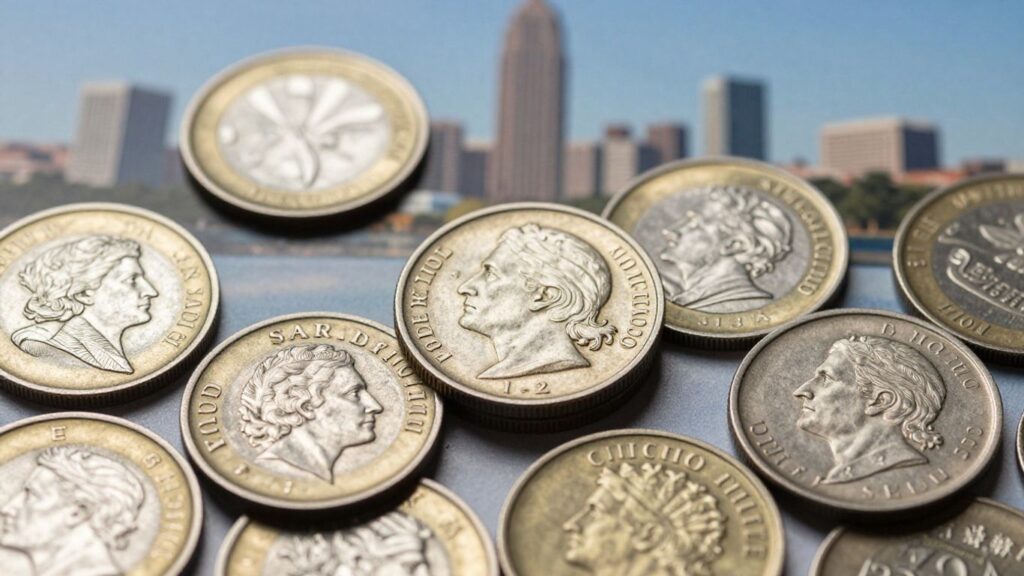 World coins with San Antonio skyline background.