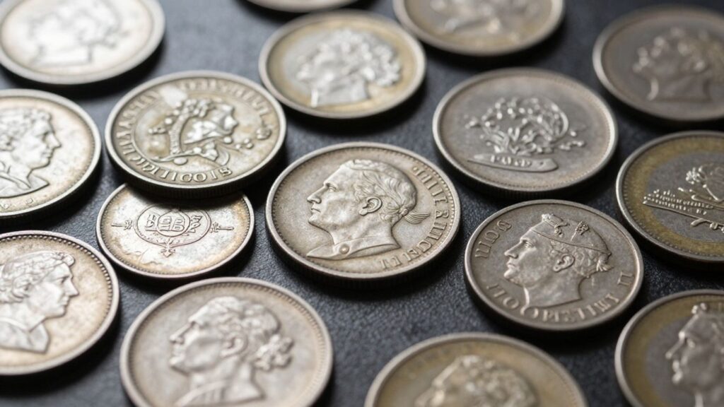 Close-up of rare and valuable old coins.