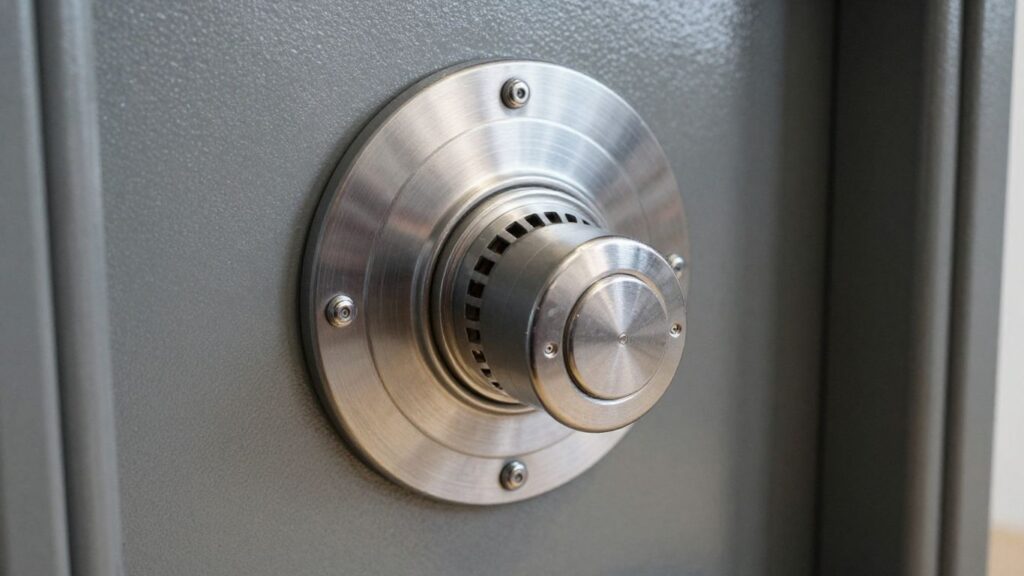 Secure coin safe with visible lock mechanism.