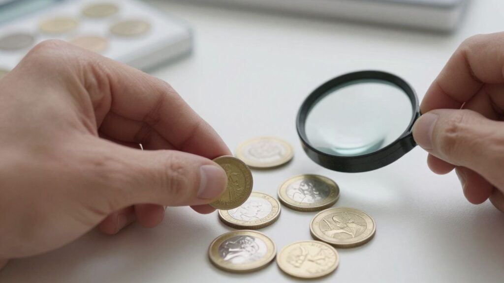 Collector documenting coins with magnifying glass.