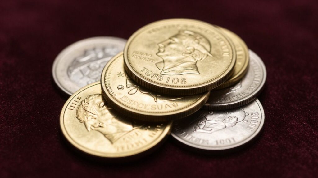 Gold bars and rare coins on velvet background.