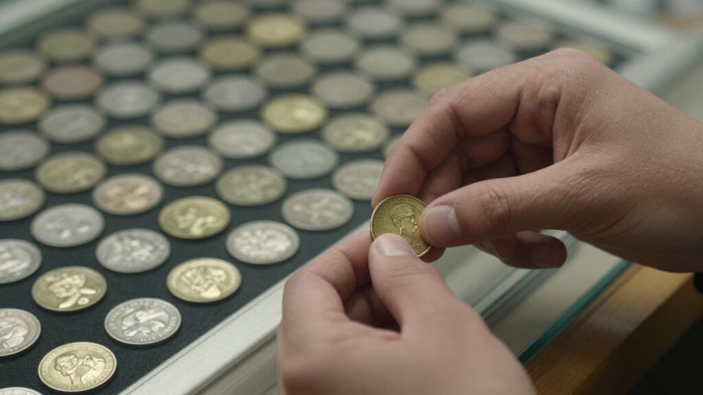 Collector arranging valuable coins in a display case.