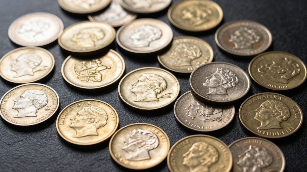 Collection of valuable coins, gold and silver.
