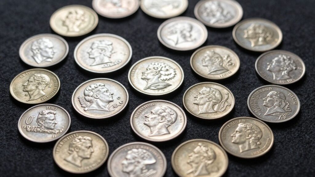 Collection of shiny, detailed coins on a dark surface.