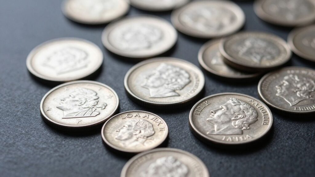 Canadian coins scattered on a dark surface.