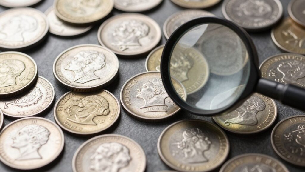Coins and magnifying glass, numismatic collector trends