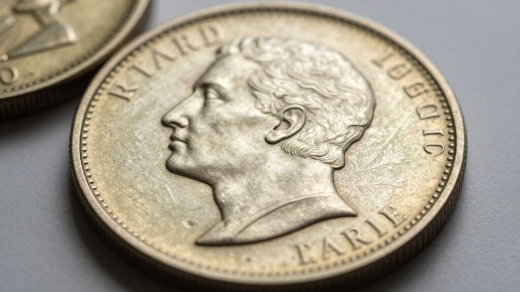 Close-up of a detailed coin with light glinting.