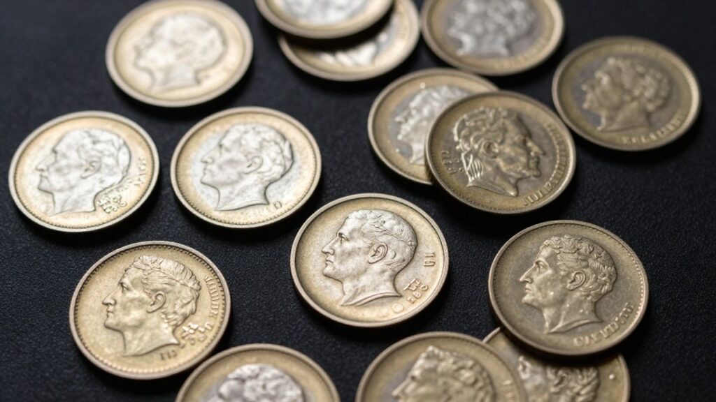 Close-up of scattered coins with intricate designs.