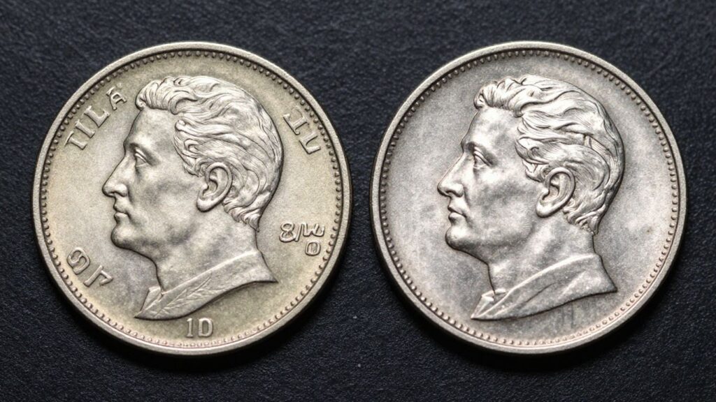 Two coins, one raw and one certified, showing different conditions.