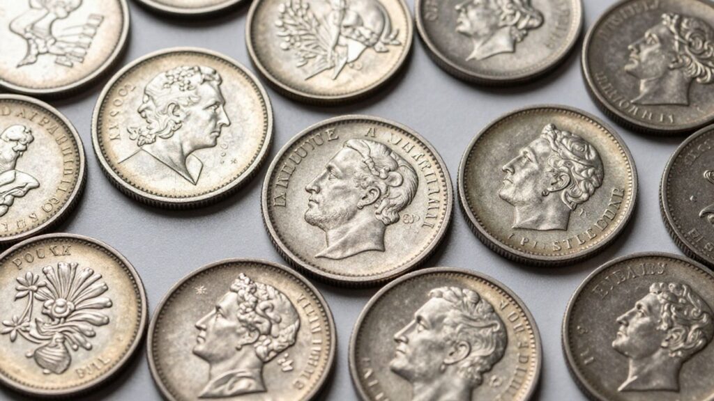 Close-up of intricate coin edge designs and textures.