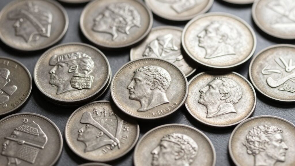 WWII silver-free nickel coins, close-up photographic view.