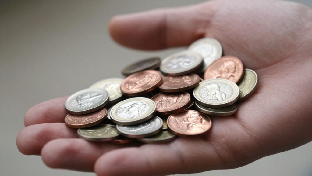 Hands sorting through a pile of diverse coins.