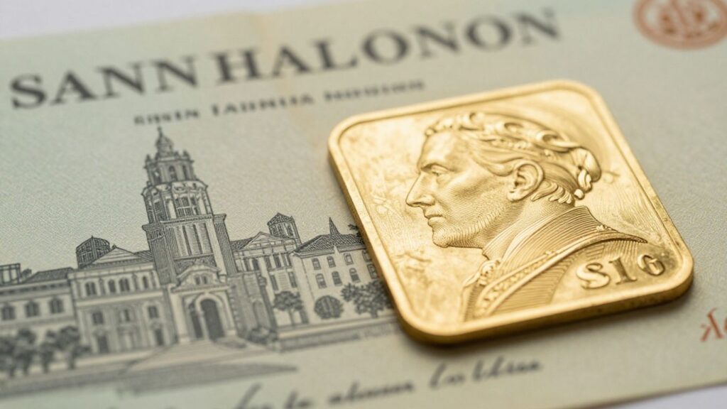 Gold certificates with San Antonio skyline.