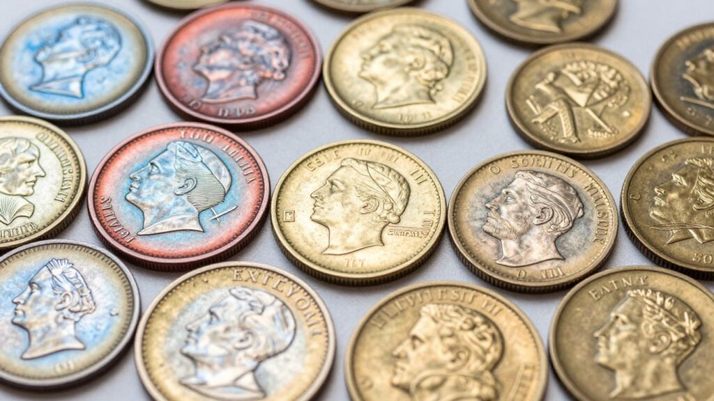Collection of toned coins with vibrant colors.