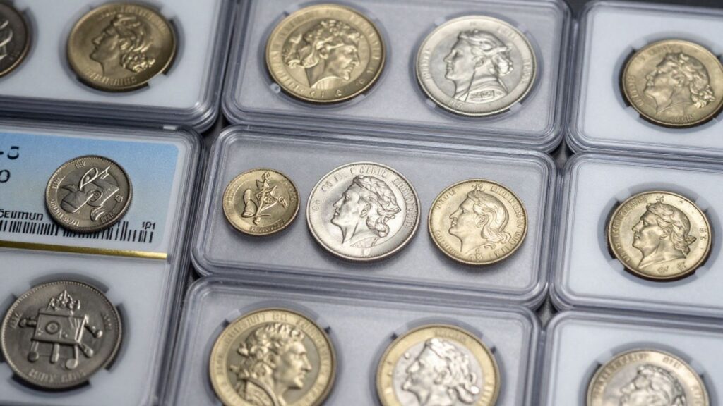 Coins in grading holders for investment comparison.