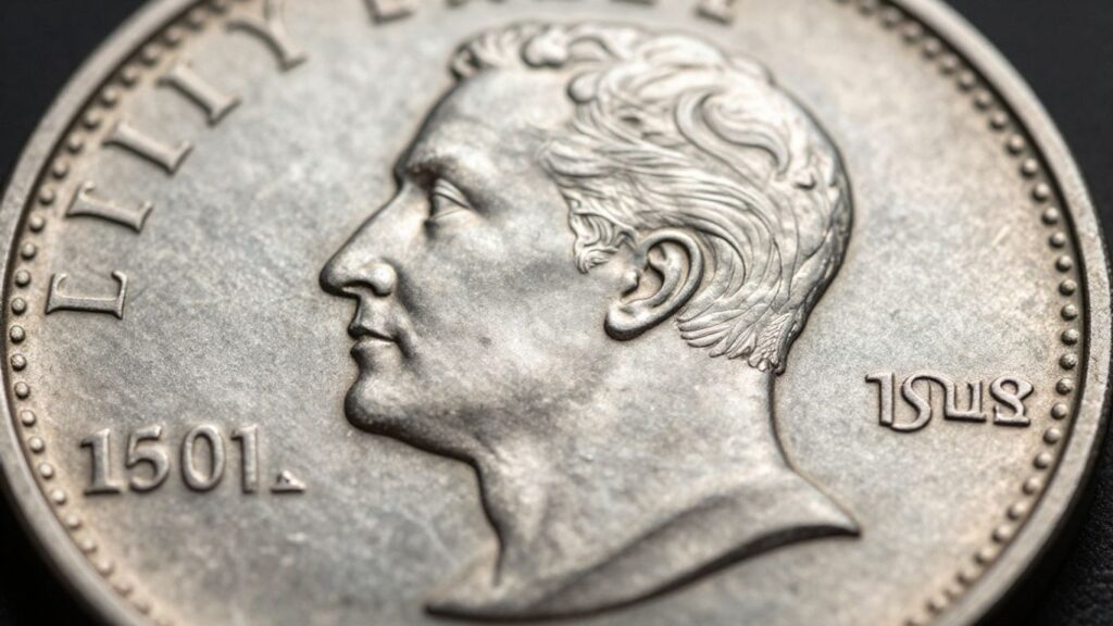 Close-up of raised coin design details.