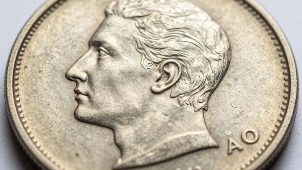Close-up of coin surface with intricate details and textures.