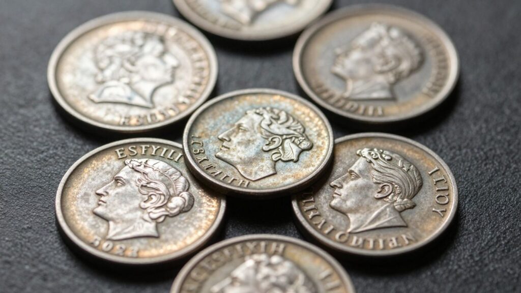 Ancient coins with historical details and patina.