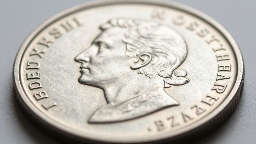 Close-up of a silver coin's surface texture.