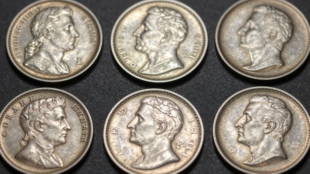 Collection of antique coins with visible dates.