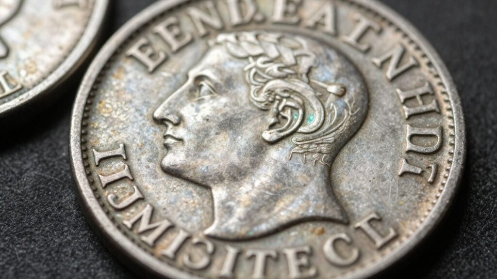 Close-up of ancient coins with detailed inscriptions.