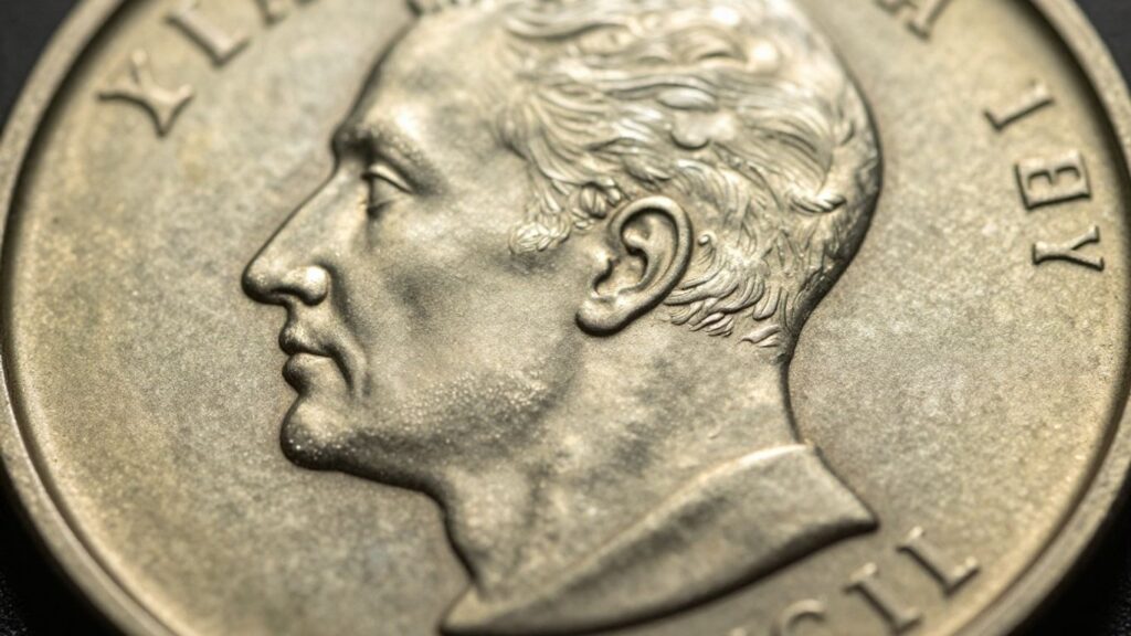 Close-up of coin relief depth details.