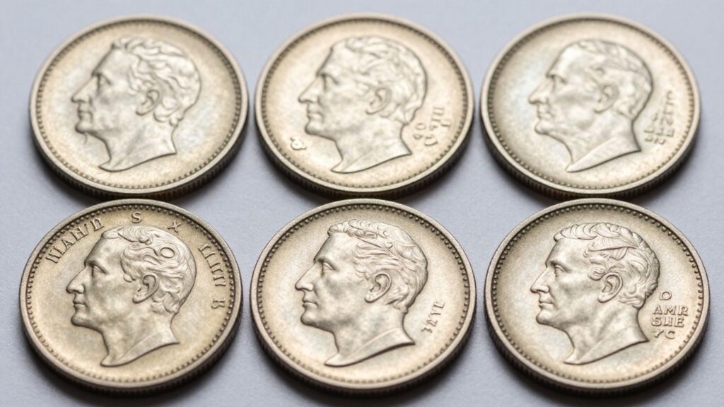 Three coins showing tripled die varieties.