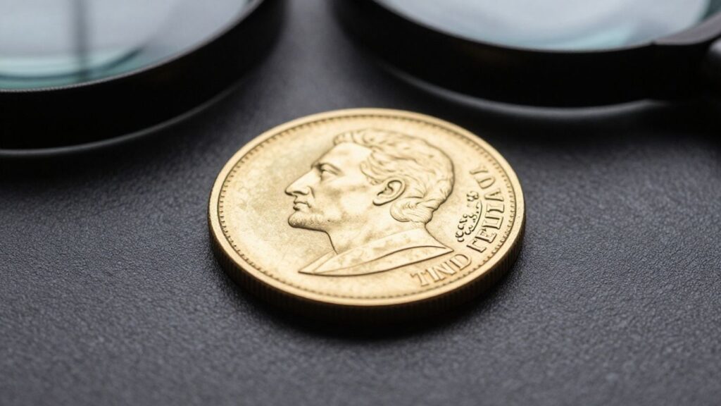 Close-up of a certified gold coin with magnifying glass.