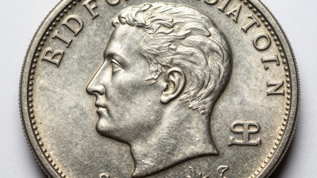 Close-up of a coin with a repunched mintmark.