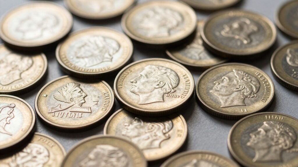 Collection of uncirculated coins, gleaming and detailed.