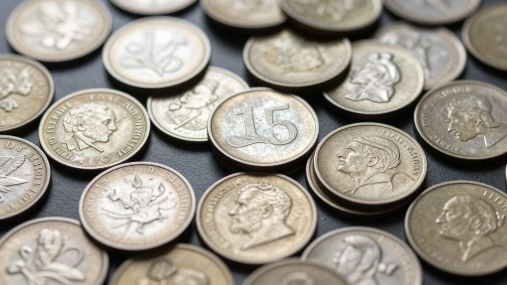 Close-up of various coins in different conditions.
