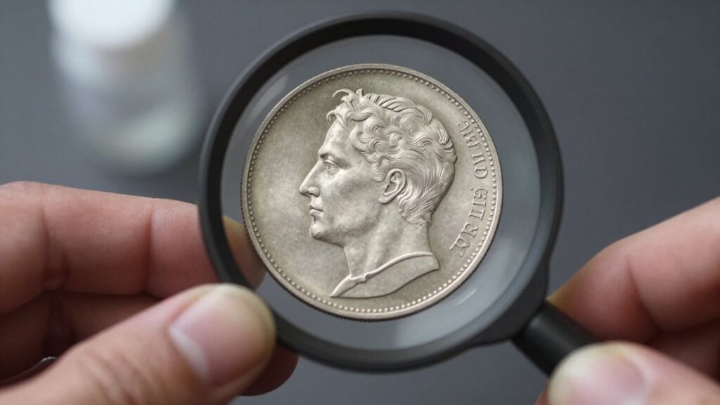 Hand grading a silver coin with a magnifying glass.