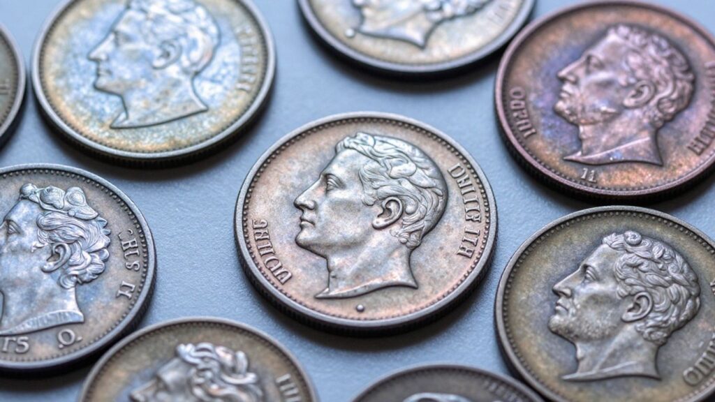 Antique coins with artificial toning in various colors.