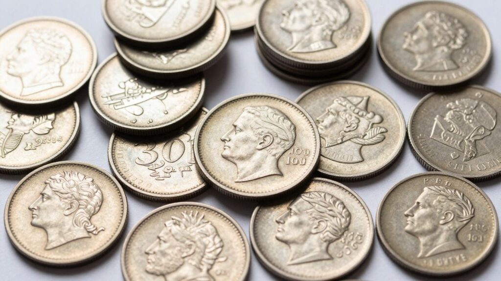 Close-up of various collectible coins with different grades.