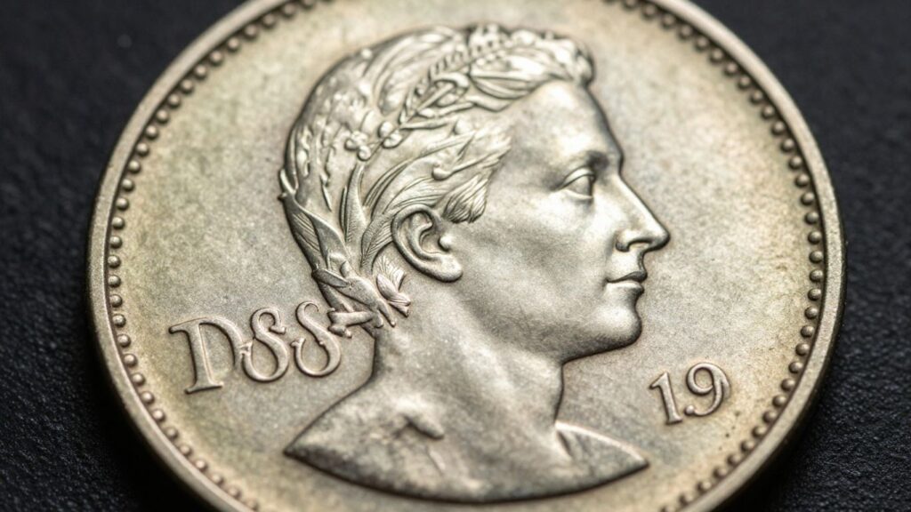 Close-up of a lustrous coin with intricate details.