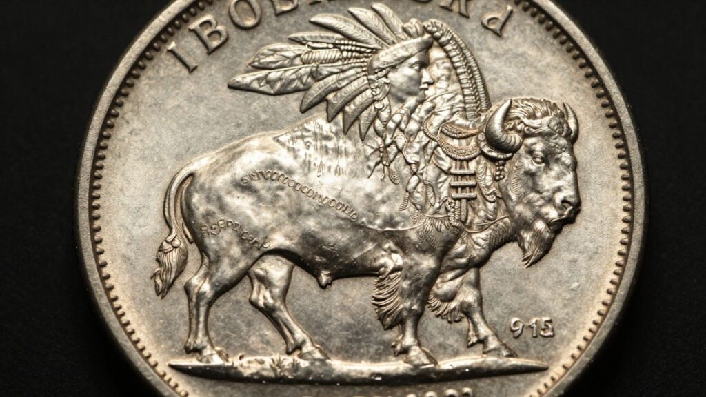Close-up of a Buffalo nickel coin's design.