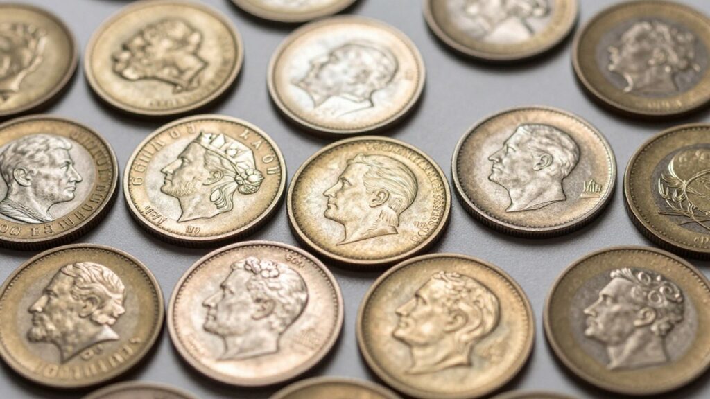 Coins organized by grade level, showing different conditions.