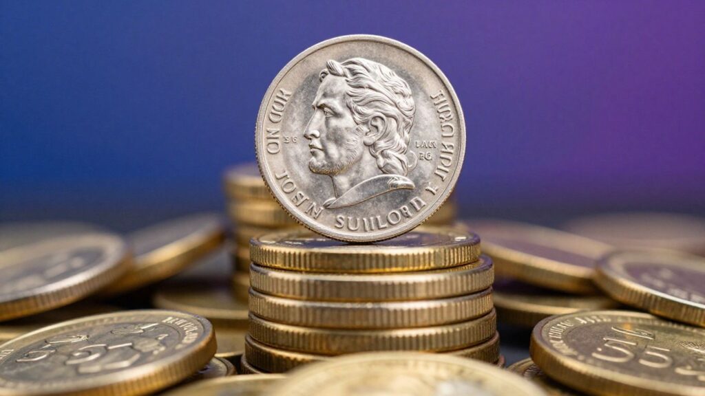Gold coins with a silver coin on top.