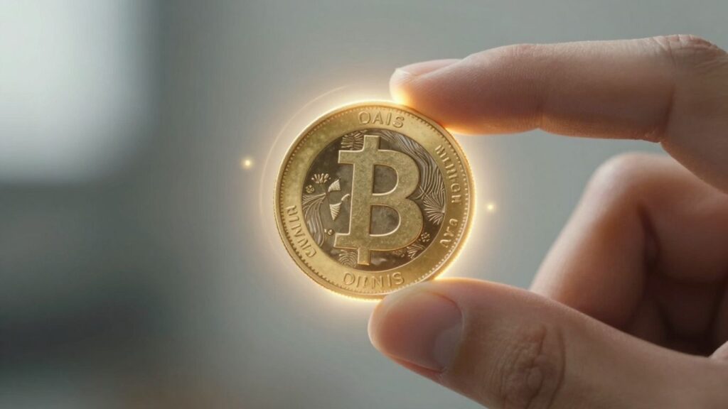 Golden coin held in hand, coin market opportunity