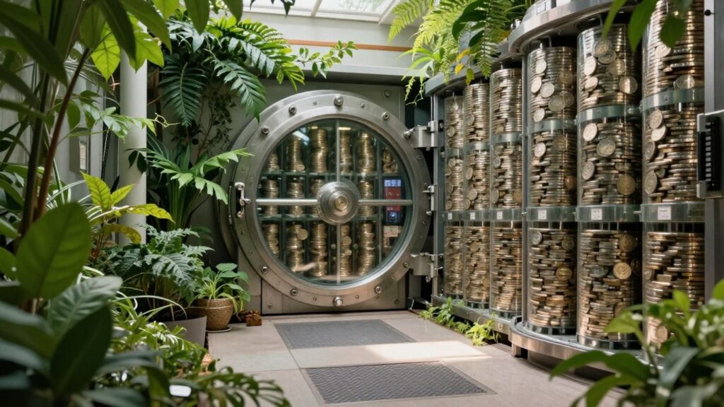 Eco-friendly coin storage vault with plants and natural light.