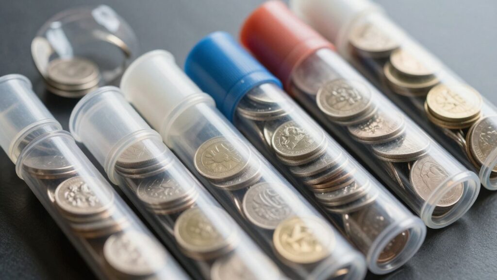 Various coin storage tubes with coins inside.