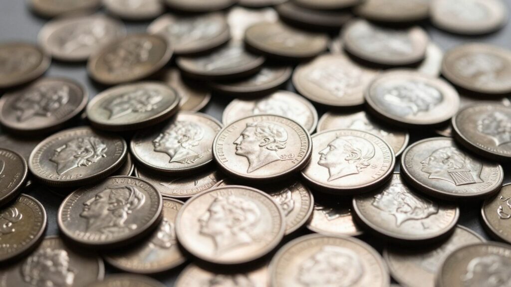 Pile of US coins, including pennies, dimes, and quarters.