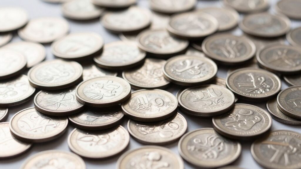 Silver coins spilling from a roll, close-up.