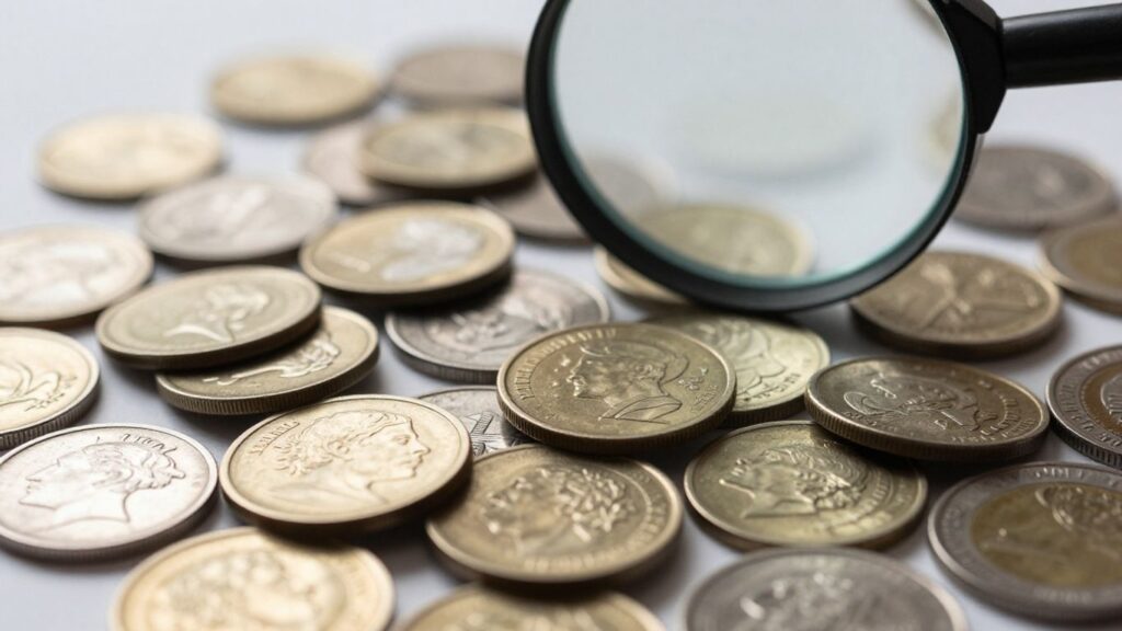 Pile of coins with a magnifying glass.